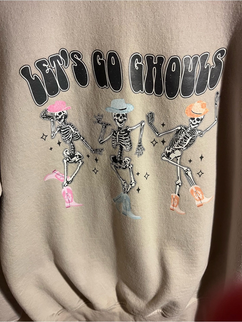 Gildan Beige Crewneck Sweatshirt with 'Let’s Go Ghouls' Skeleton Graphic - Picture 6 of 6